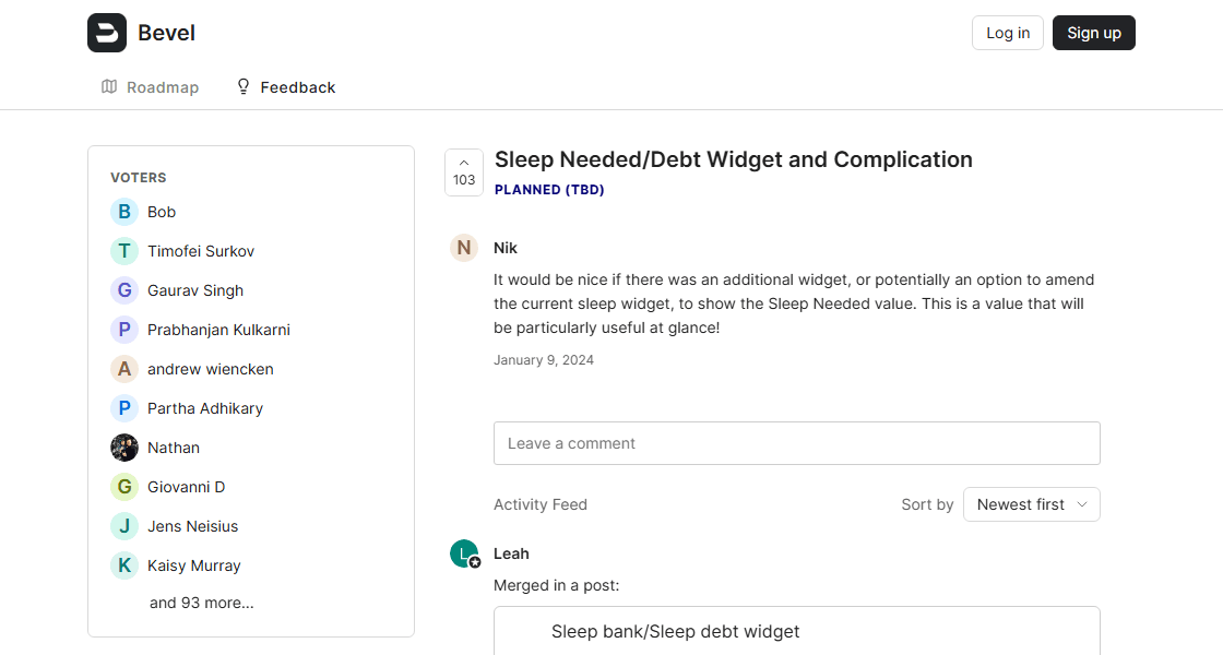 Bevel feedback forum sleep widget feature request preview